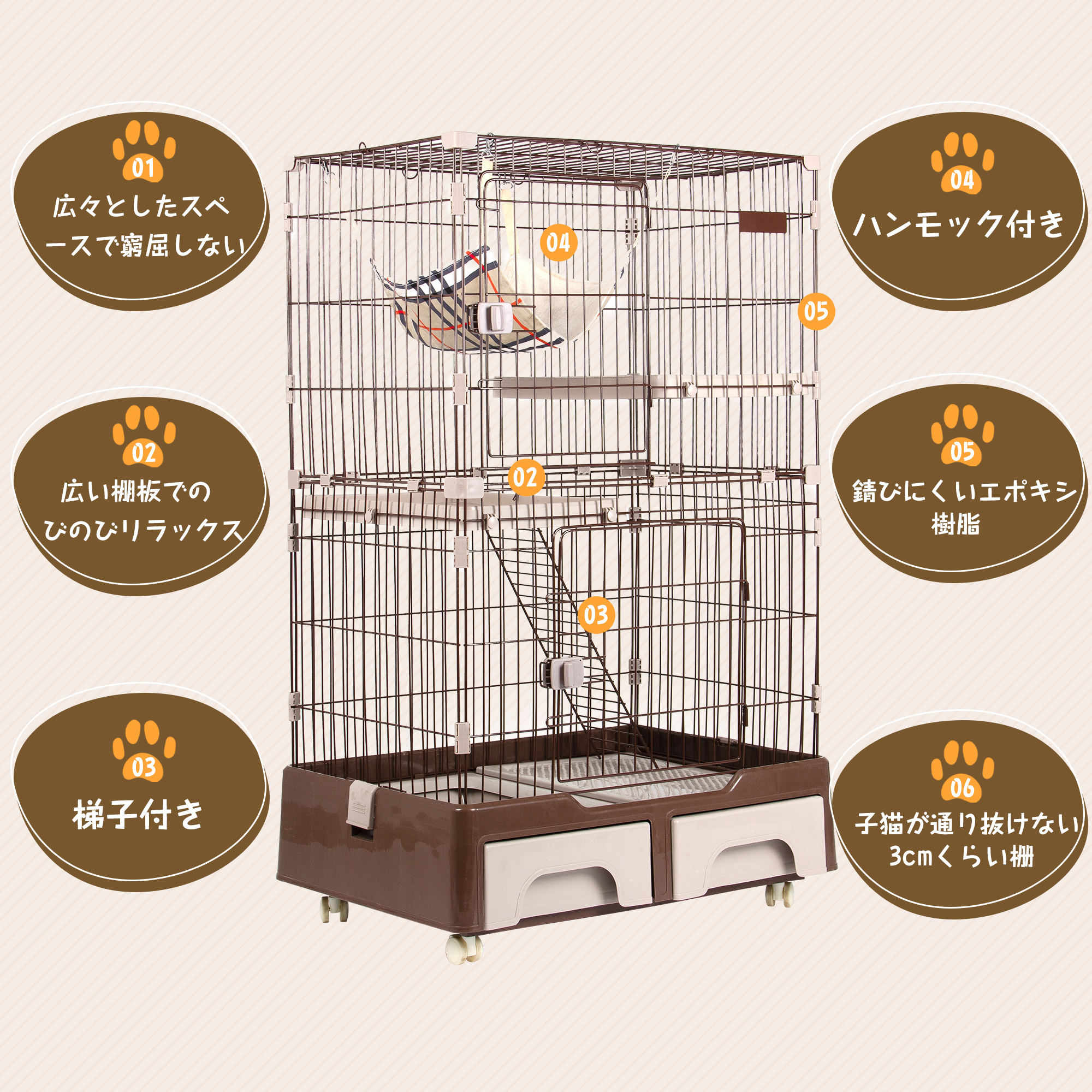 猫 ケージ キャットケージ 2段 猫トイレ付 キャスター付 ハンモック付 猫ゲージ おしゃれ キャットハ TX212771BAAウス ネコ ハウス 多段 留守番 保護 脱走防止 多頭飼い 多頭 スチール ペットケージ 新作 TX212771BAA - 画像 (3)