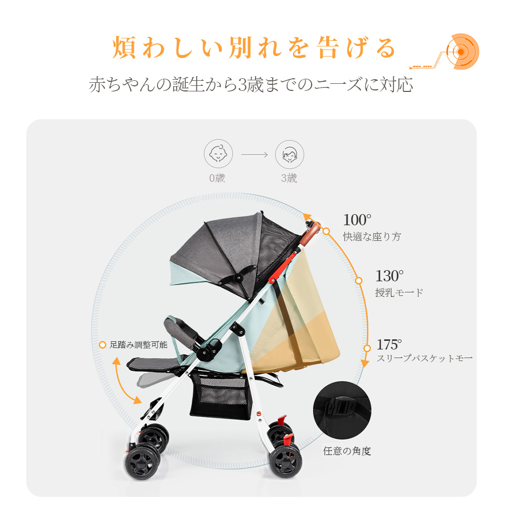 最新モデル ベビーカー 軽量 コンパクト 折り畳み リクライニング ワンタッチ開閉 超軽量 4輪 軽い おでかけ おしゃれ 赤ちゃん キッズ アルミバギー 新生活 D-06 - 画像 (2)
